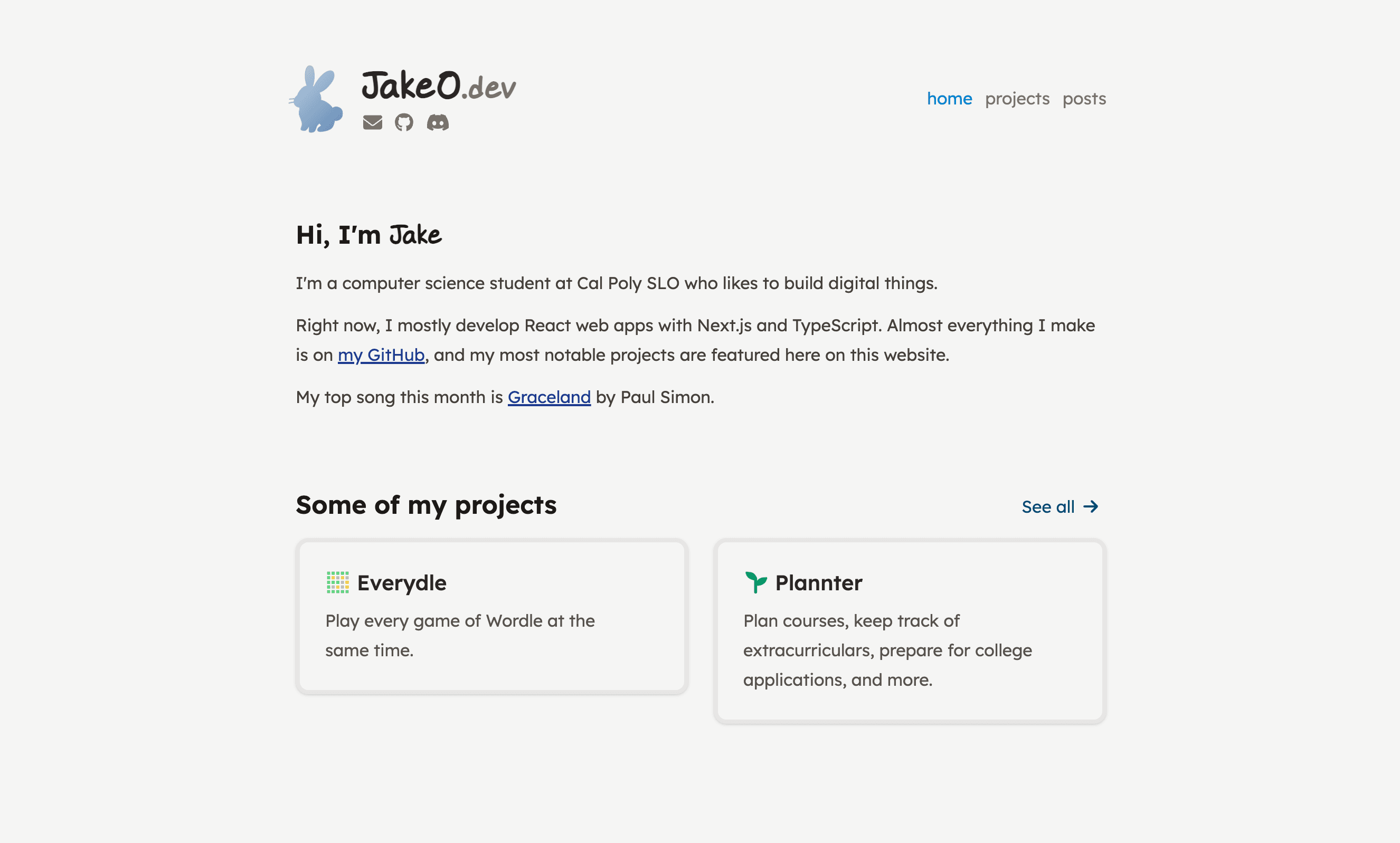 Screenshot of JakeO.dev showing the home page, including some projects and posts