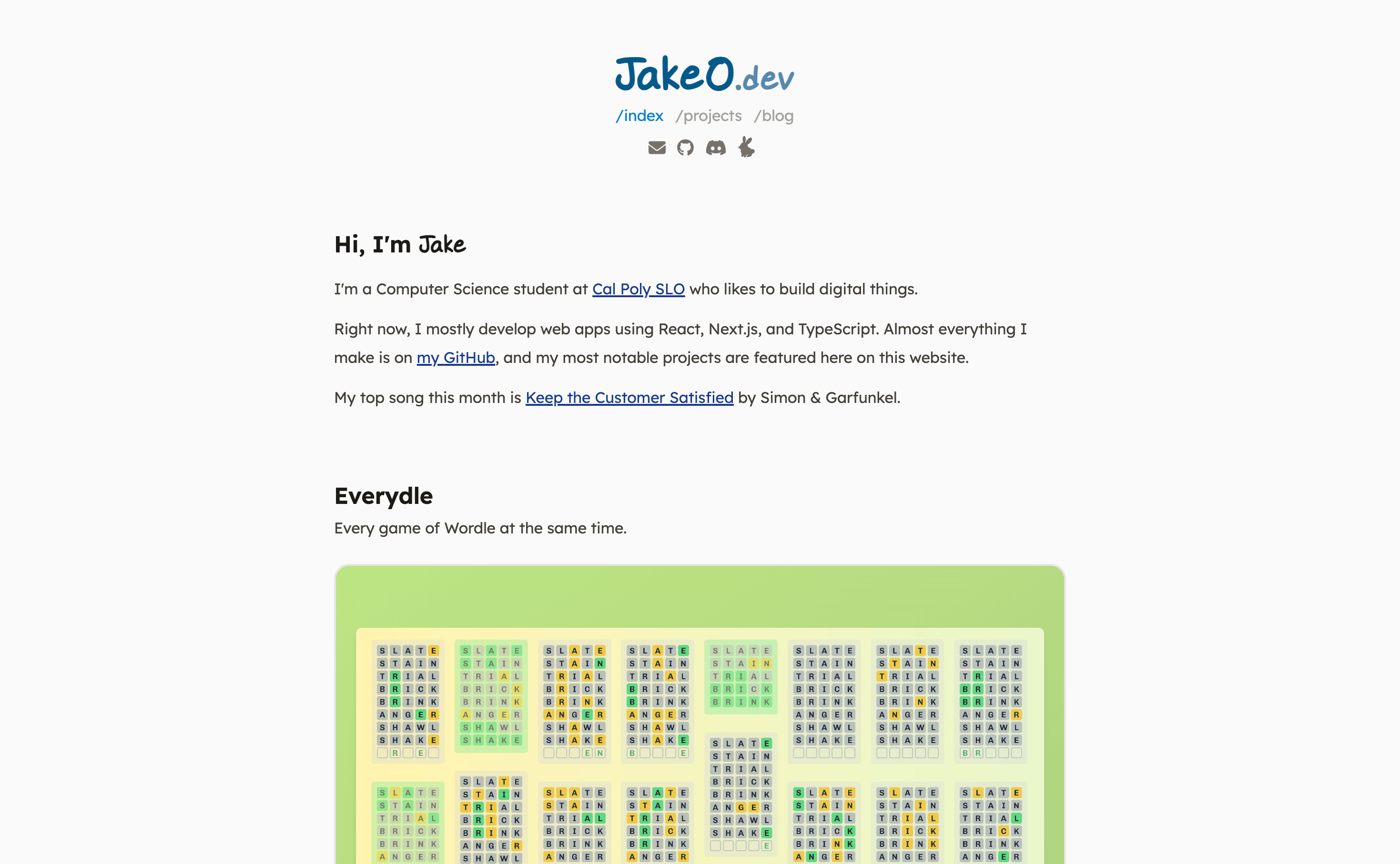 Screenshot of JakeO.dev showing the home page, including some projects and posts