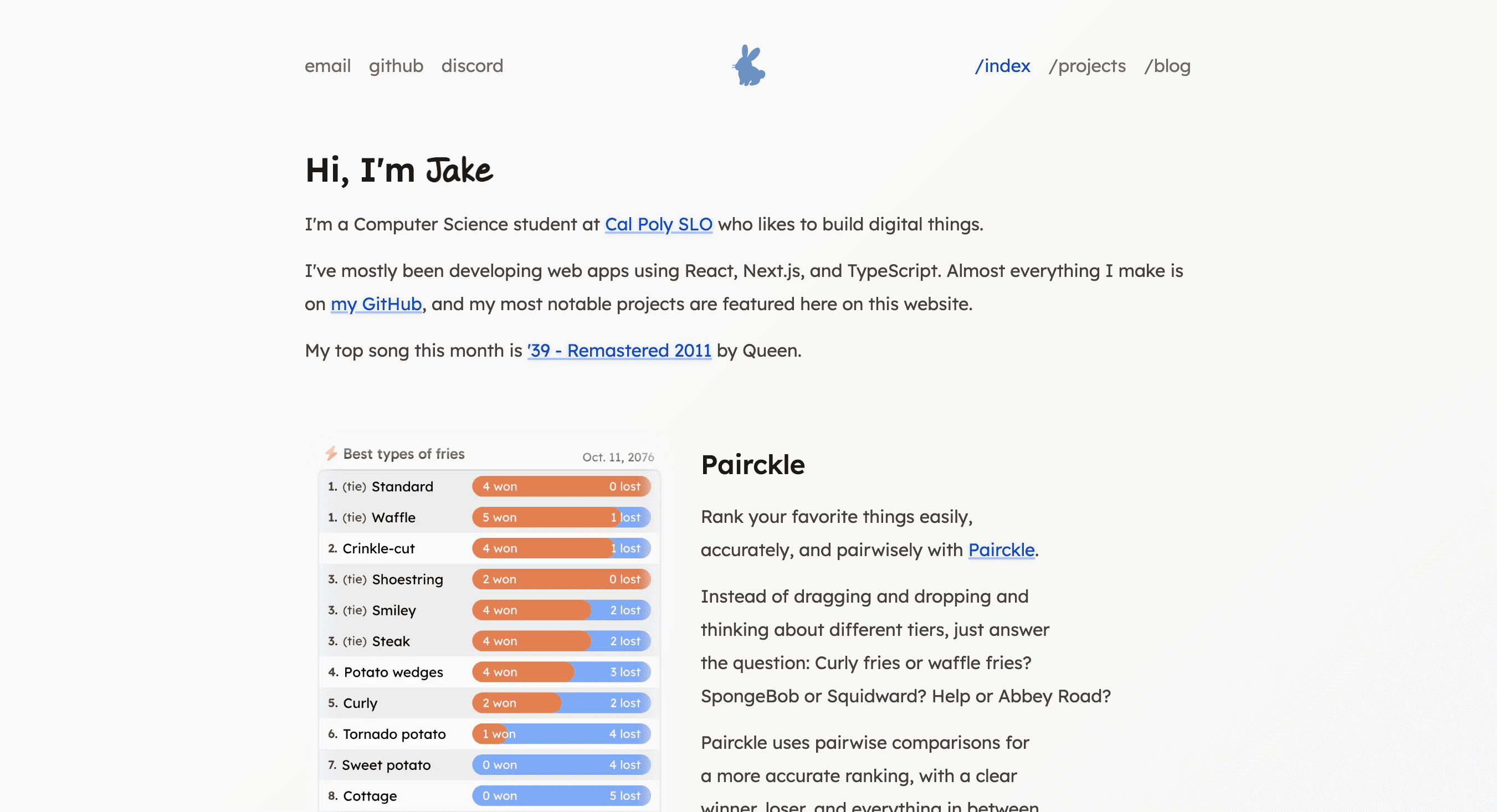 Screenshot of JakeO.dev showing the home page, including some projects and posts