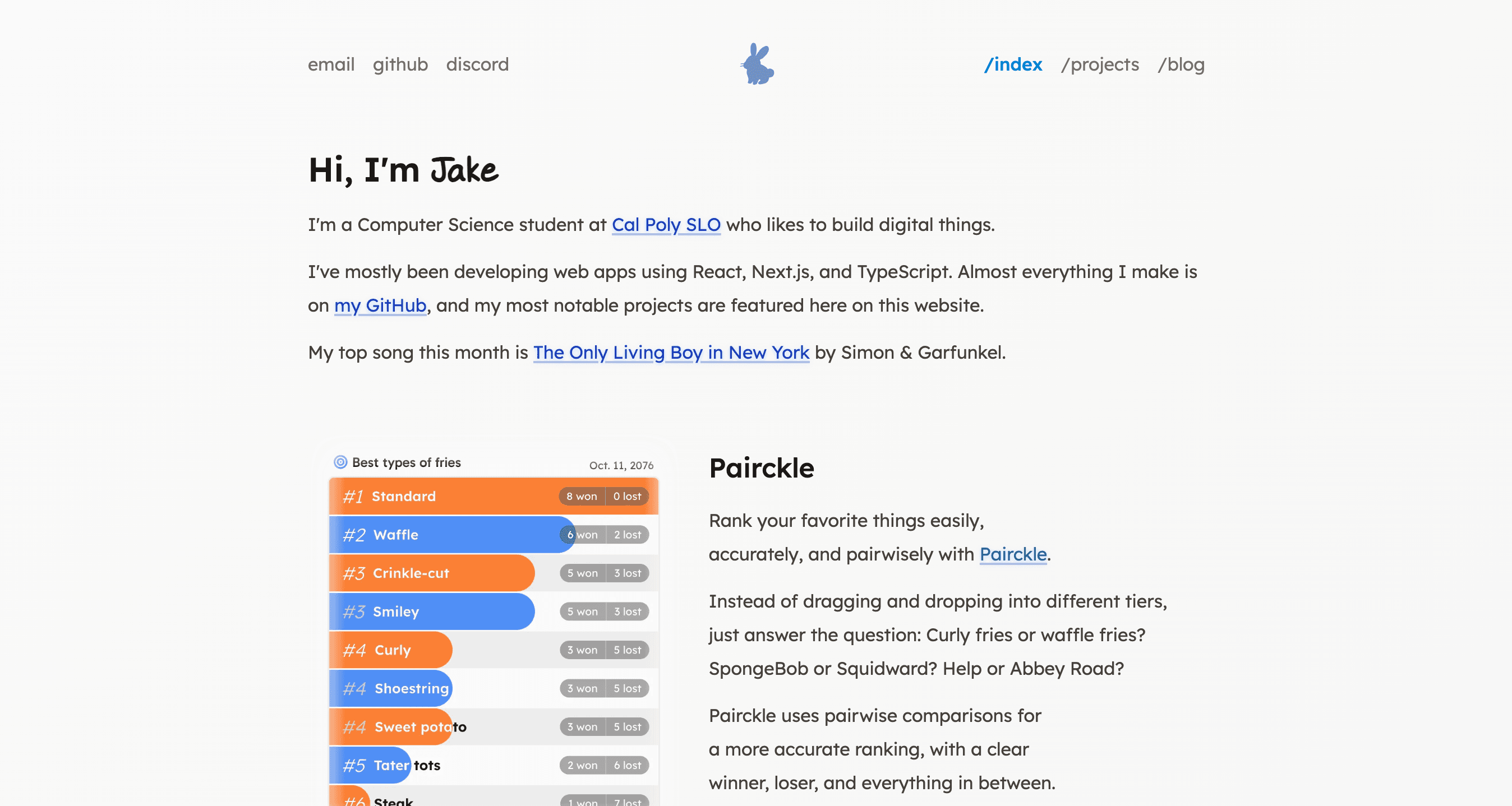 Screenshot of JakeO.dev showing the home page, including some projects and posts