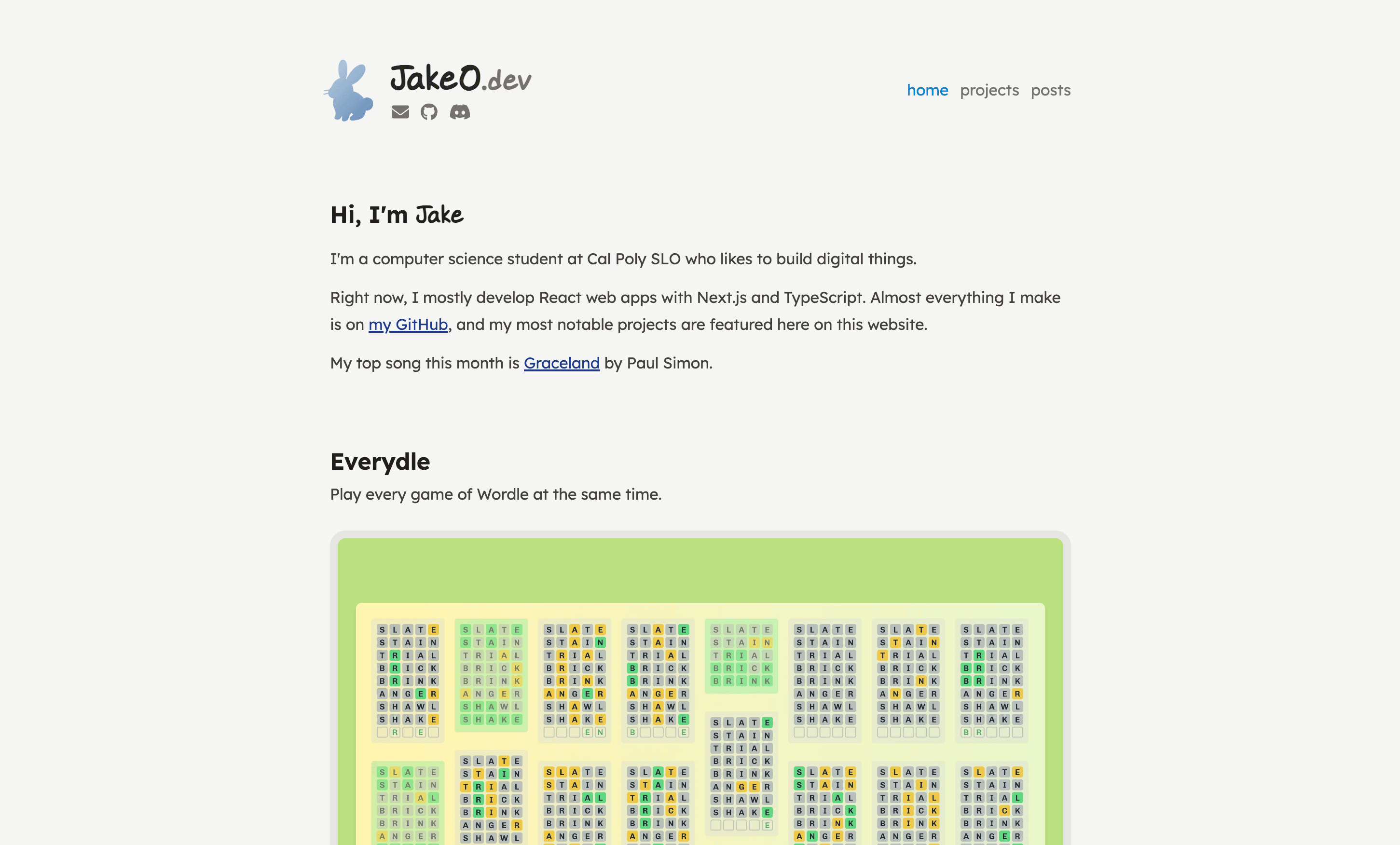 Screenshot of JakeO.dev showing the home page, including some projects and posts