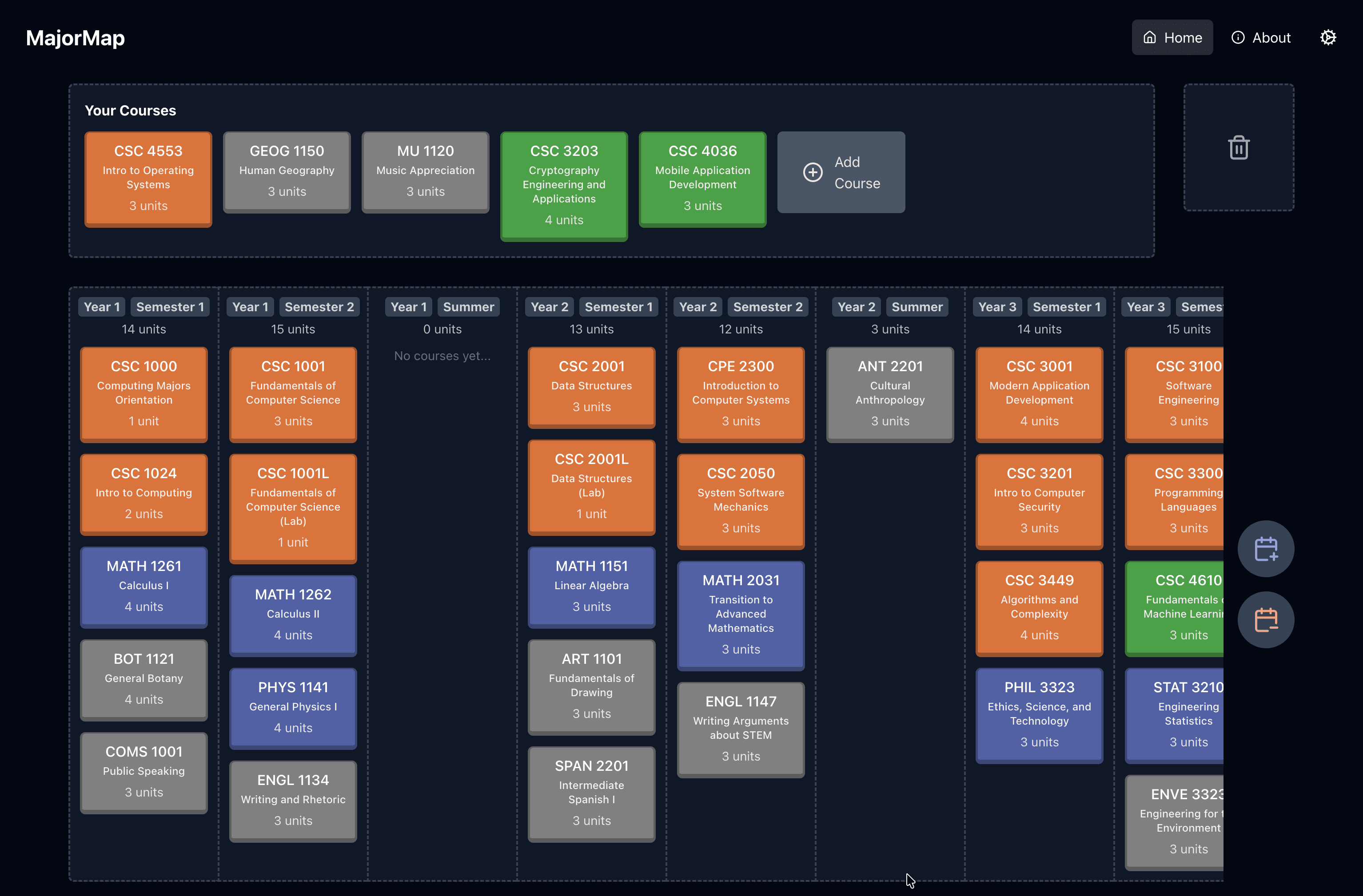 Screenshot of MajorMap showing various courses in a flowchart
