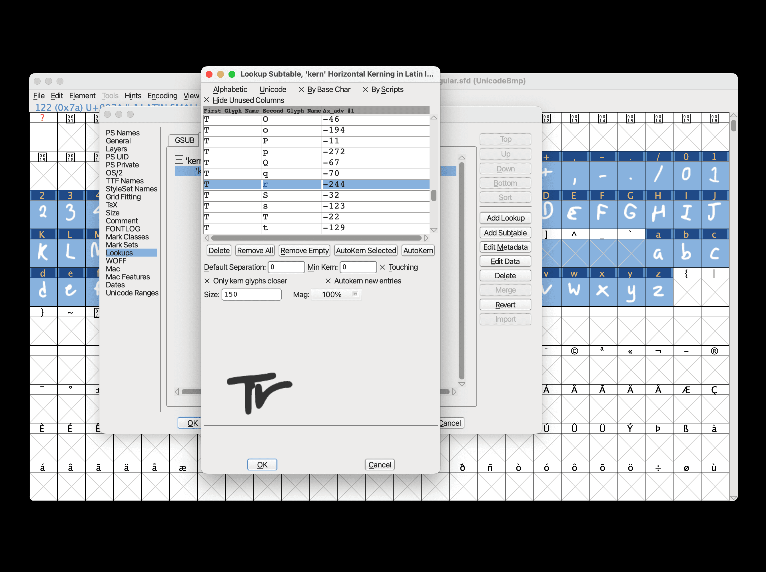 FontForge subtable window with the kerning pair "Tr" selected