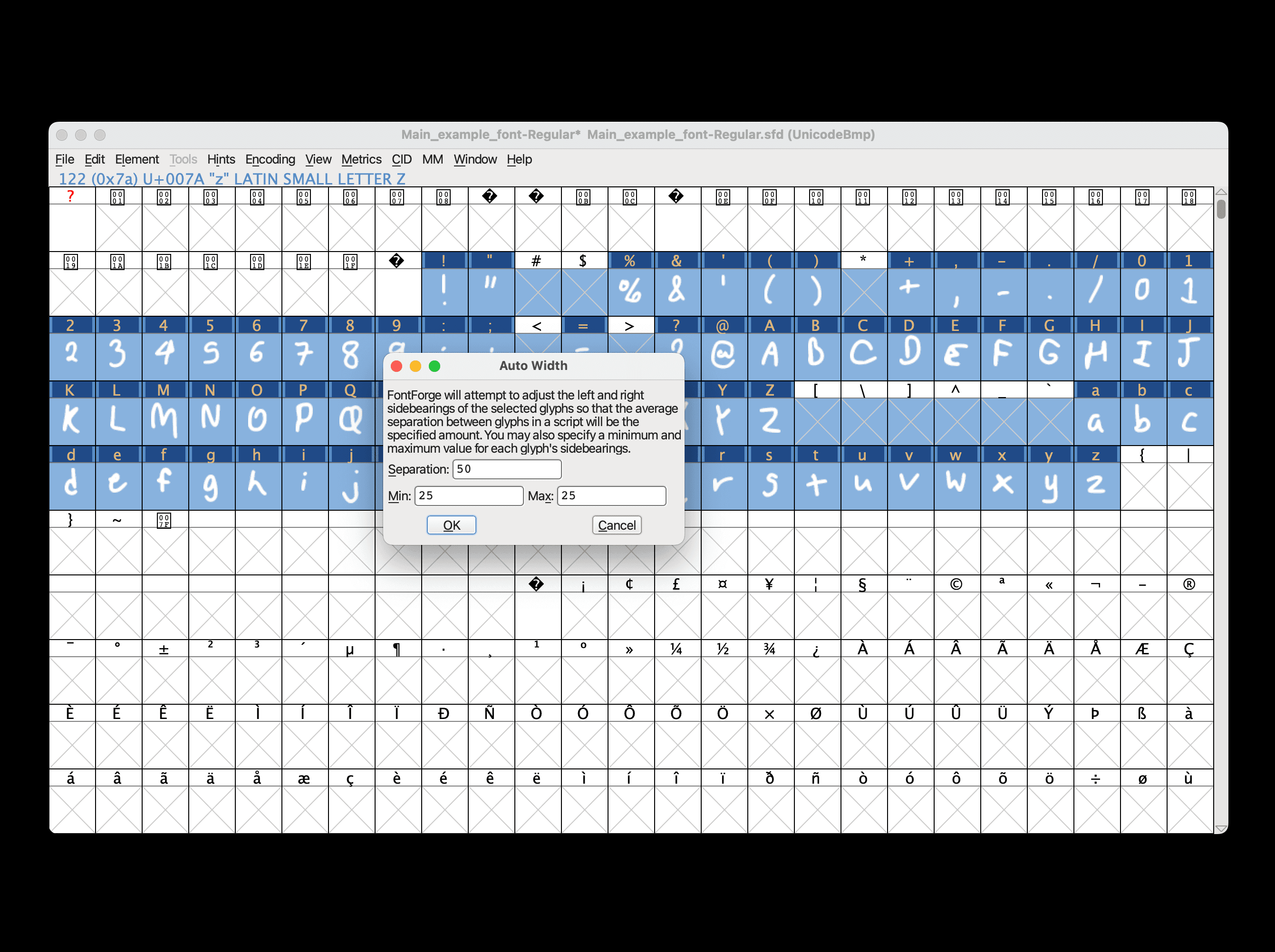 FontForge auto width window with the separation set to 50, min set to 25, and max set to 25
