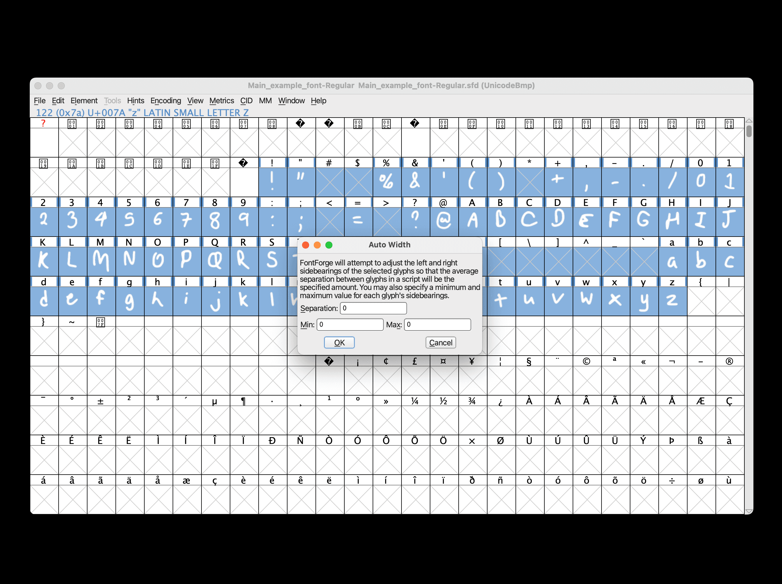 FontForge auto width window with the separation, min, and max all set to zero