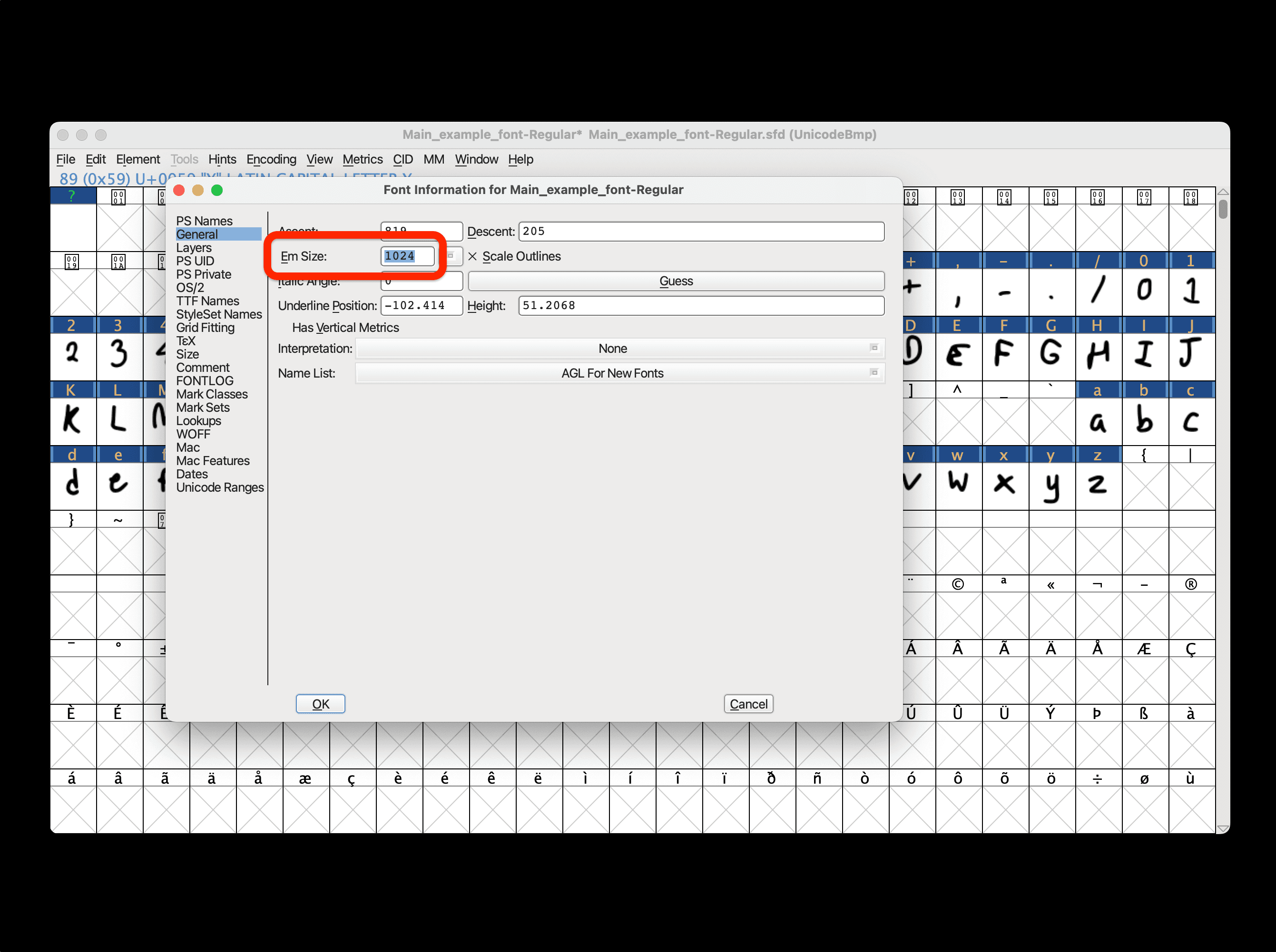 FontForge font info window with the em size set to 1024