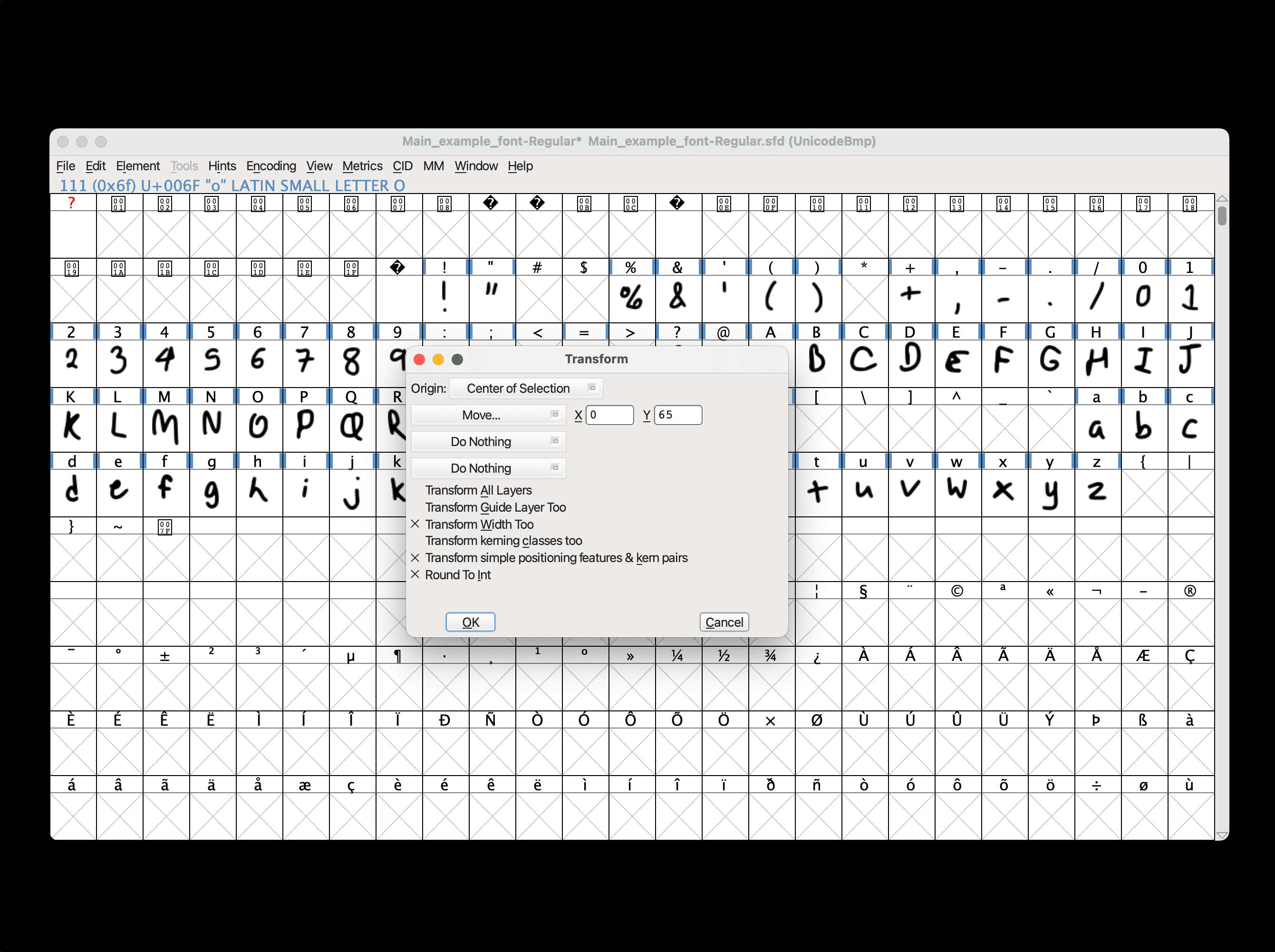 FontForge transform window with the move option selected