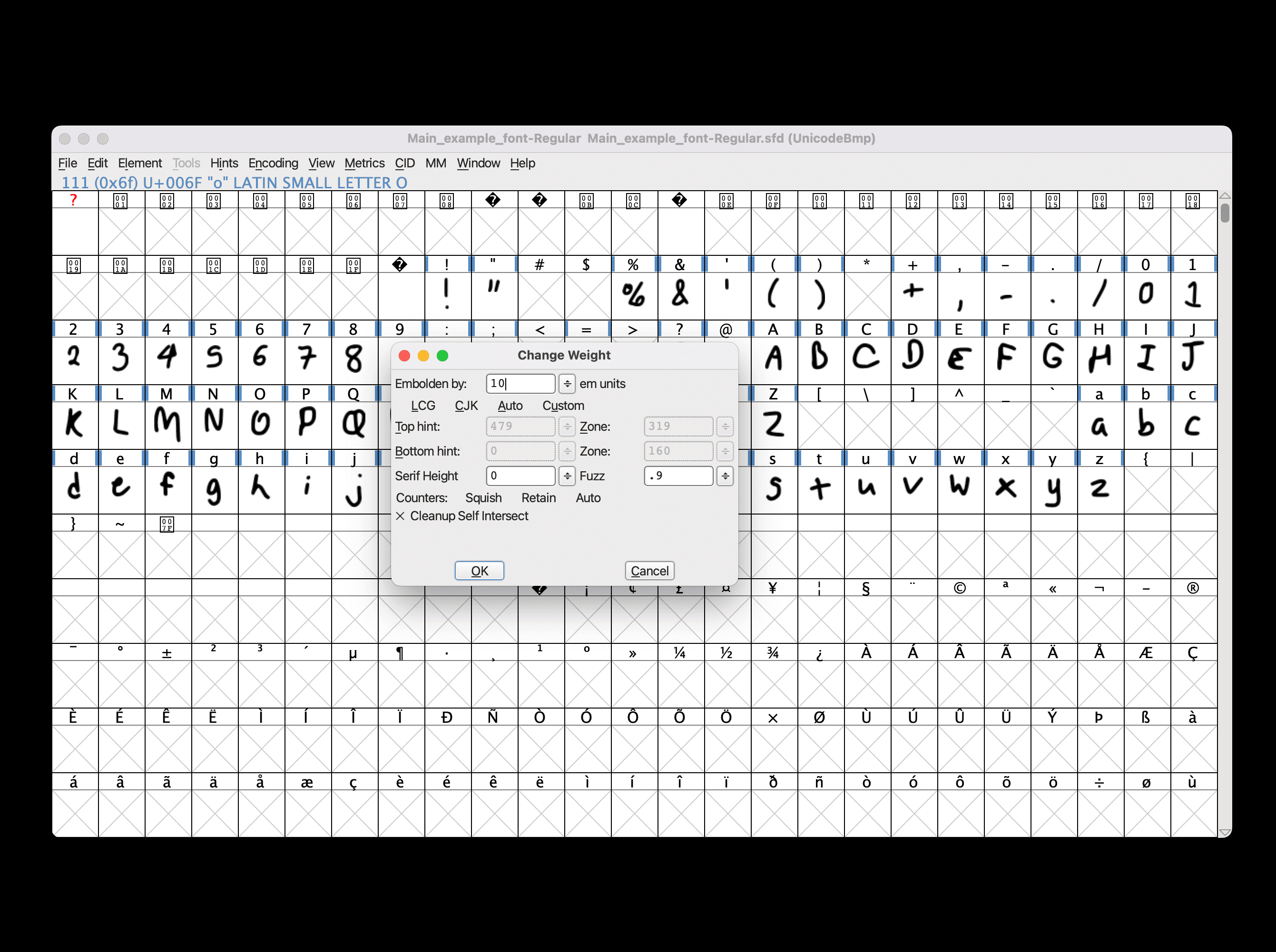 FontForge change weight window with the "embolden by" input selected
