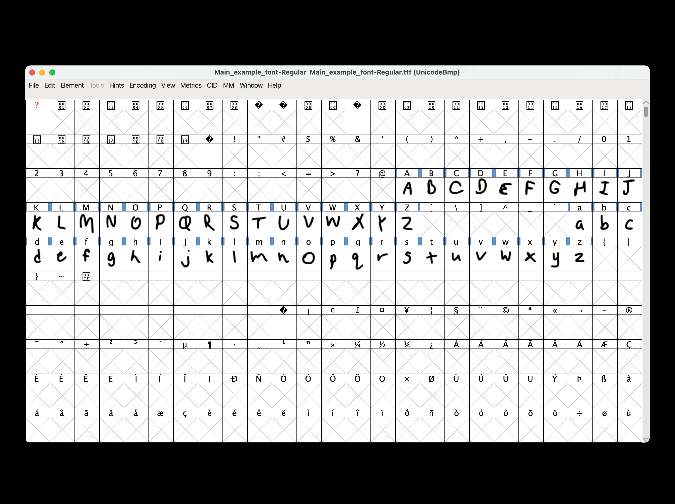 FontForge with the uploaded font glyphs displayed