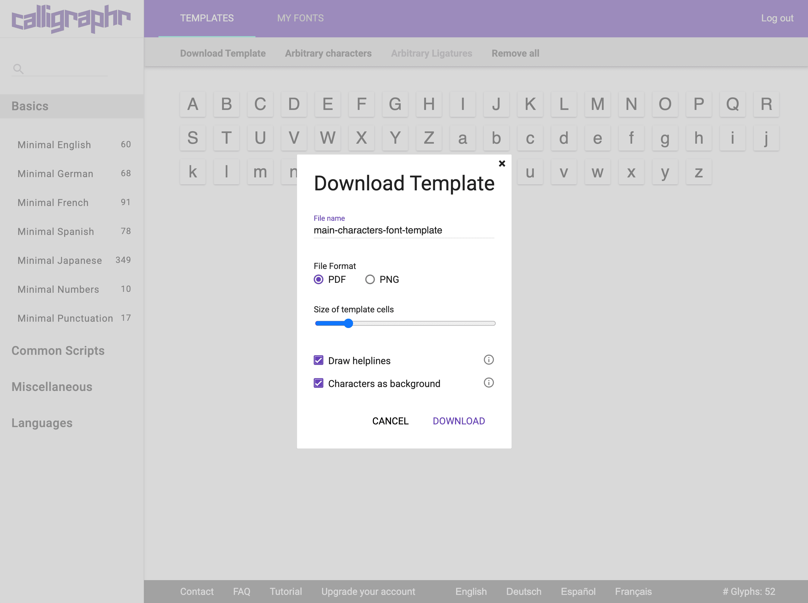 Calligraphr website showing a modal to download a template