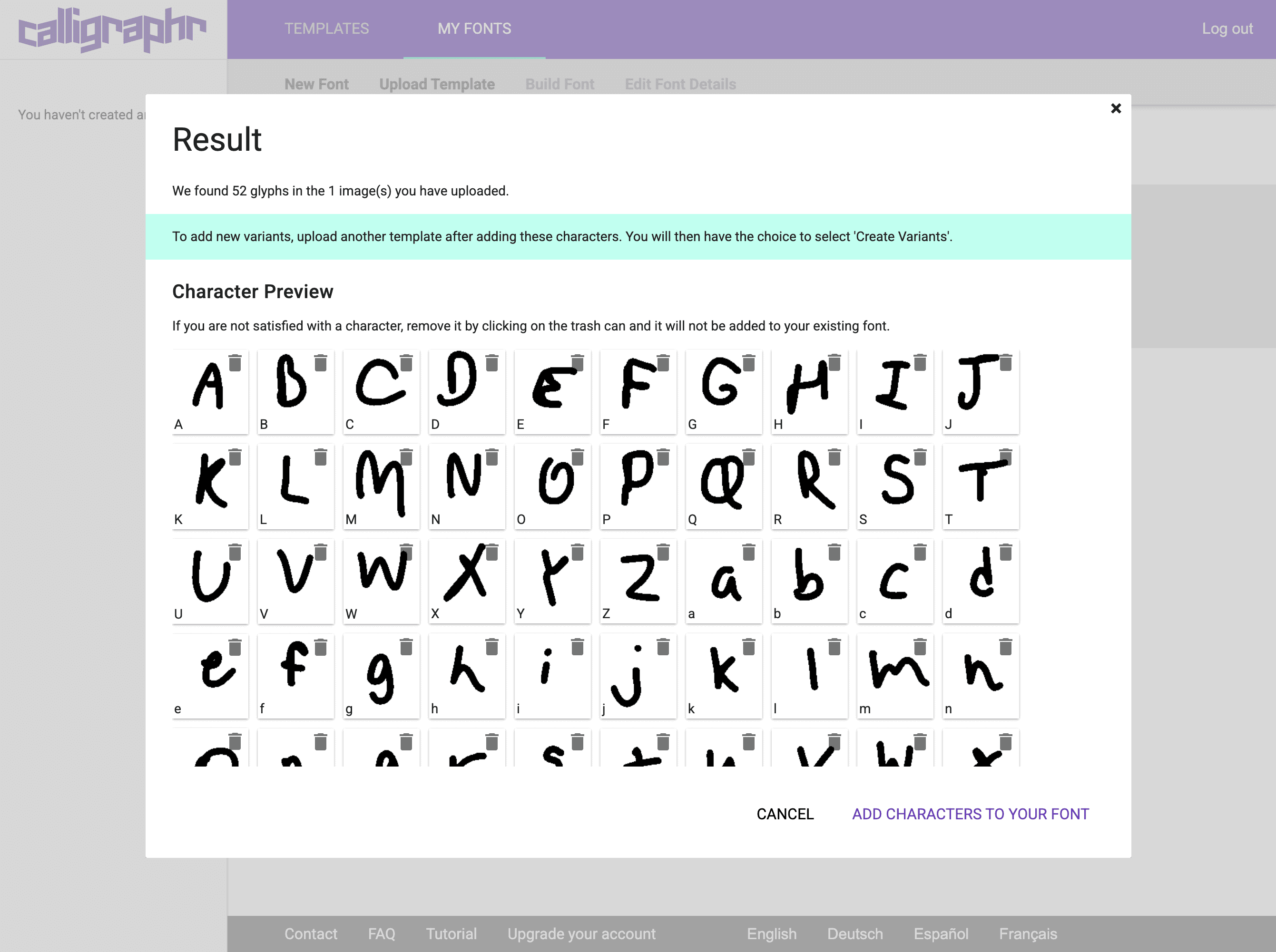 Calligraphr website showing a modal previewing glyphs from a template