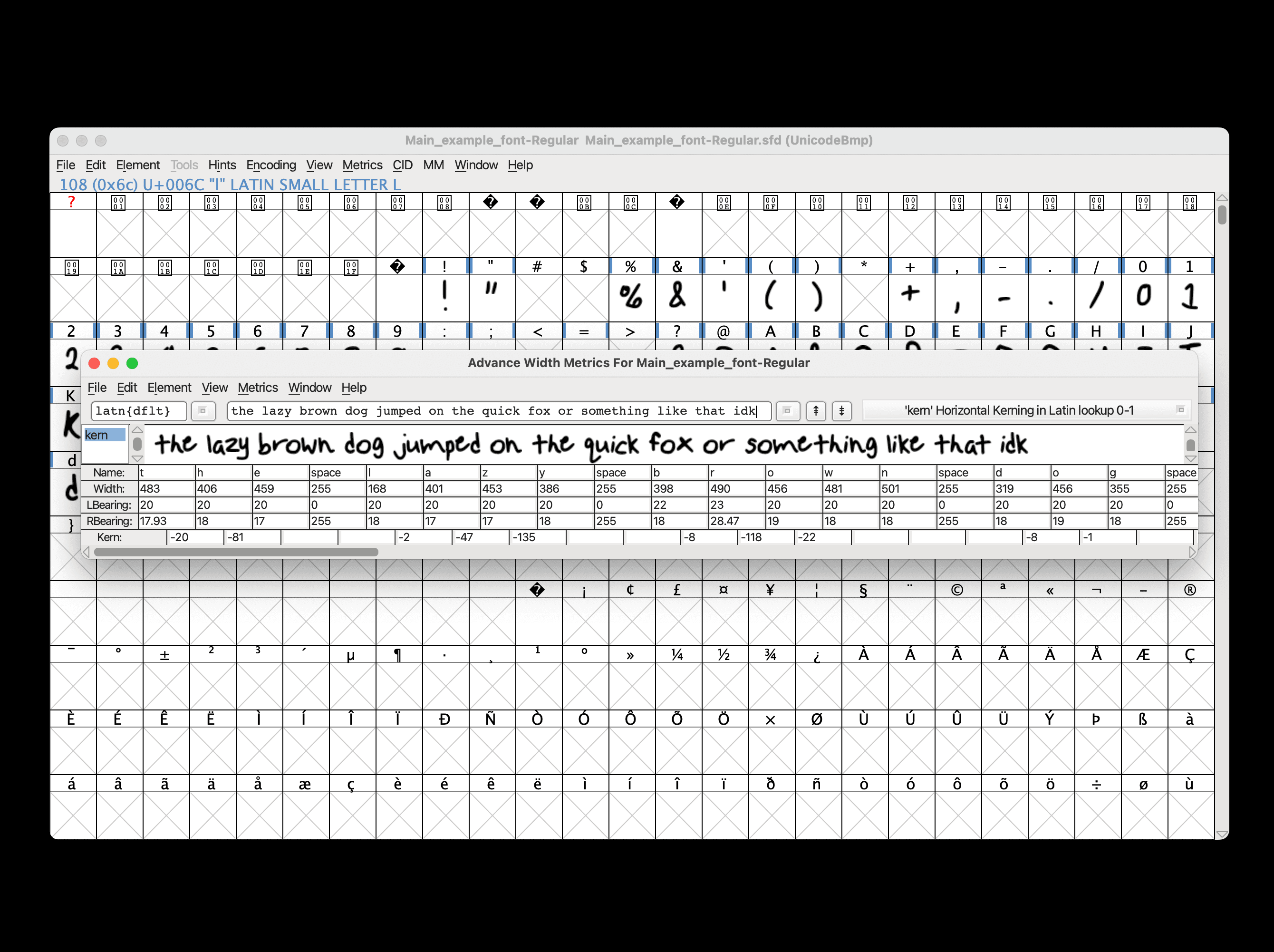 FontForge metrics window showing example text in the font being worked on