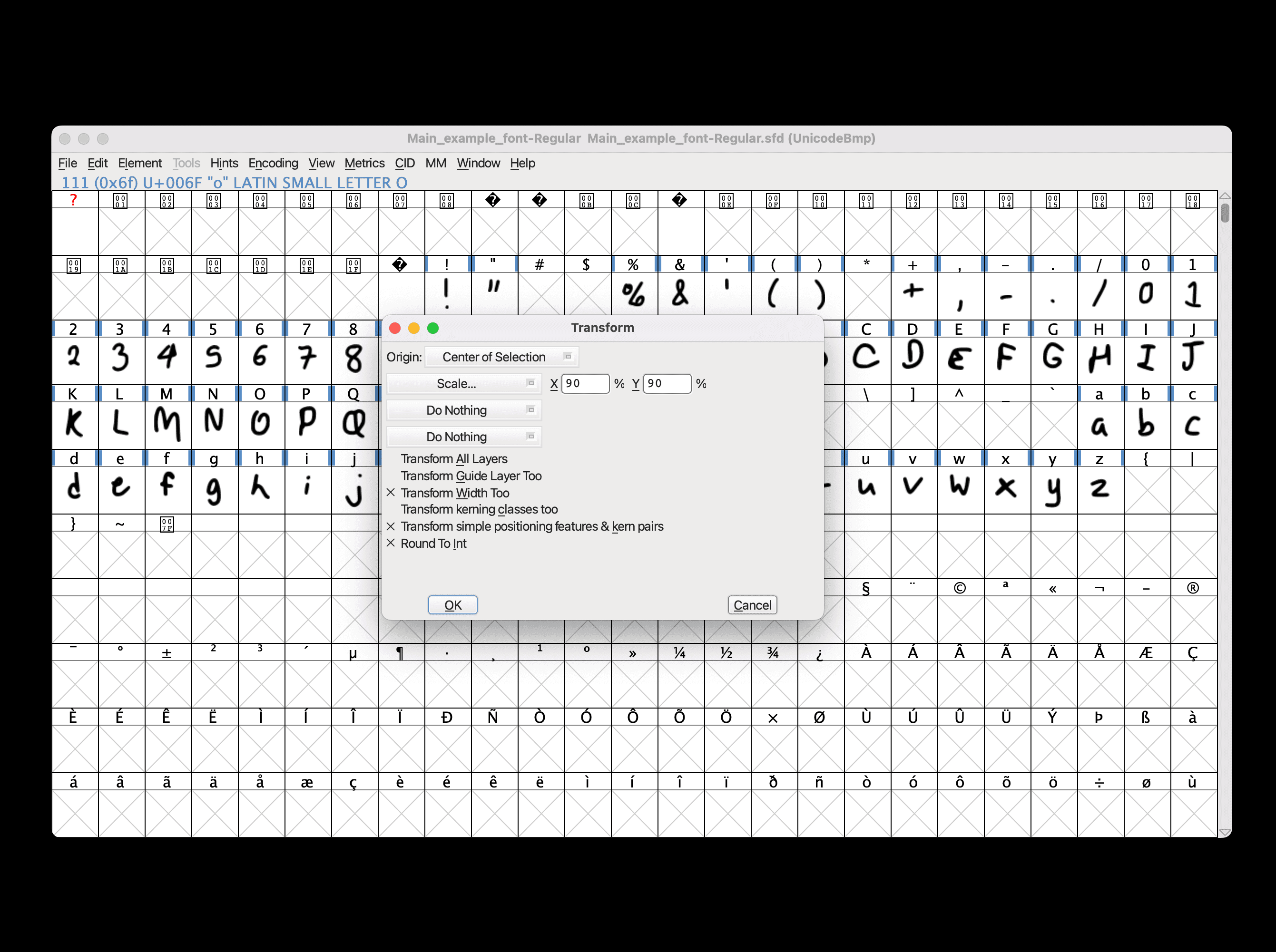 FontForge transform window with the scale option selected