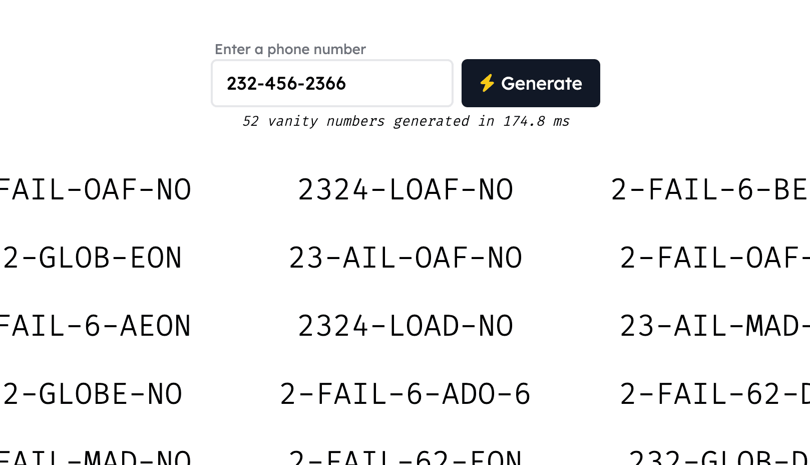 Screenshot of Cifra showing vanity numbers generated from an inputted phone number