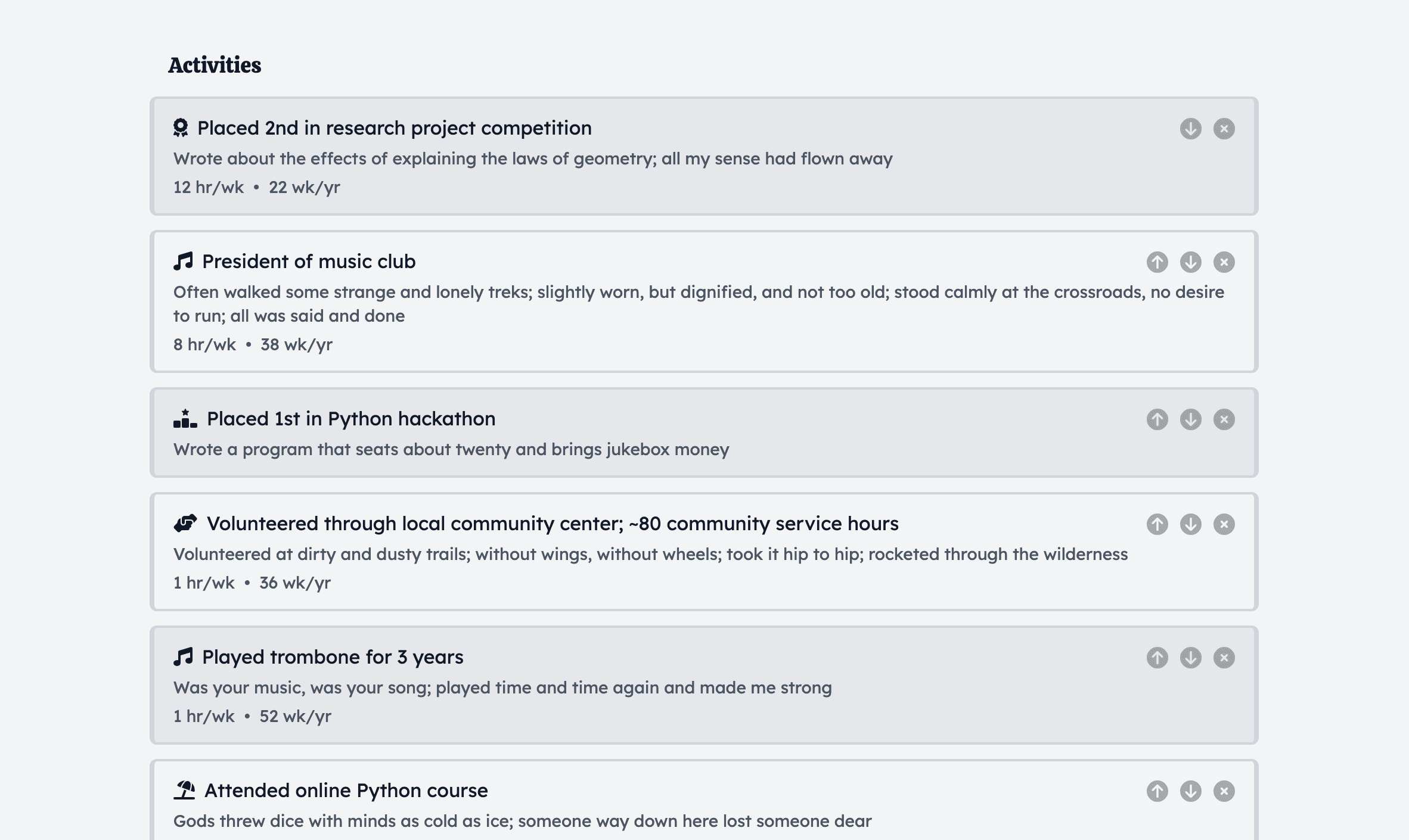 Screenshot of Plannter showing a list of extracurricular activities with titles, descriptions, and amount of time spent for each one