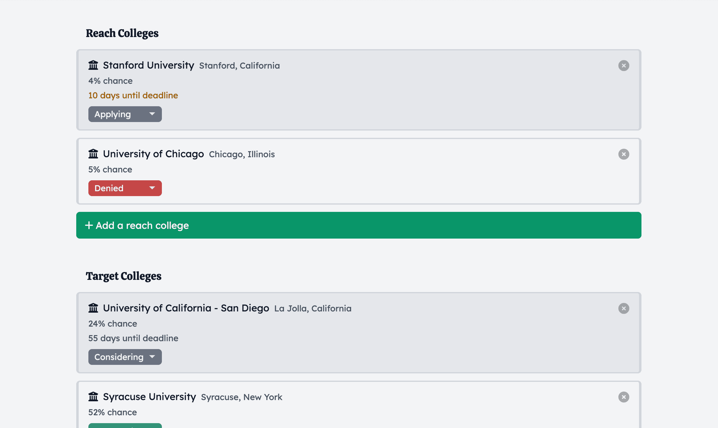 Screenshot of Plannter showing a list of colleges with their locations, acceptance rates, and application statuses for each one, organized into Reach, Target, and Safety categories