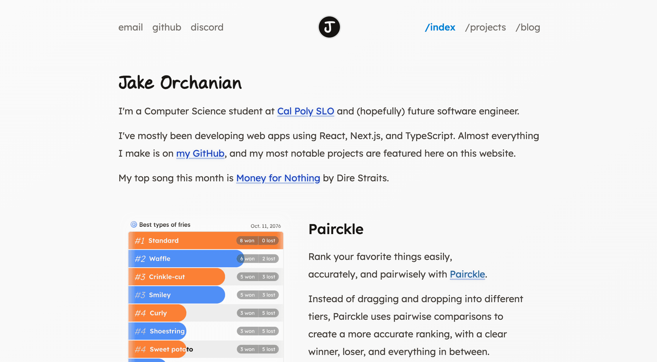 Screenshot of JakeO.dev showing the home page, including some projects and posts